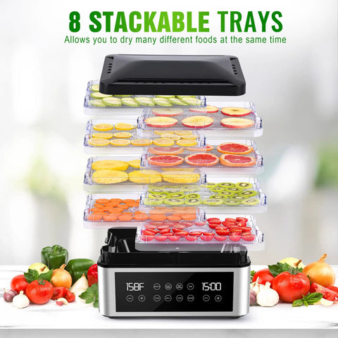 No Stress Food Dehydrator With Eight Stainless Steel Trays displaying fruits on stackable trays with digital timer.