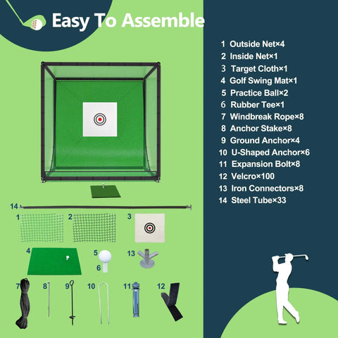Components of Backyard Golf Practice Net Cage With 10x10x10 Ft Metal Frame Hitting Net Kit for Home Training and Swing Improvement