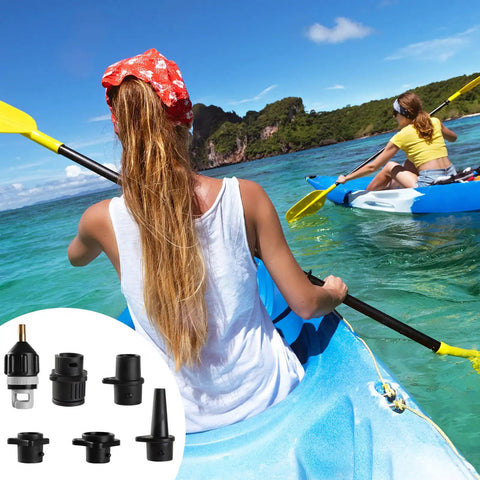 Inflatable SUP Pump Adaptor Pro Grade All In One Kit with 2 Adapters, 9 Nozzles, kayakers on a blue sea with insert of kit parts.