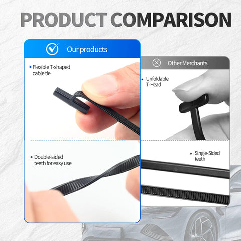 DIY Friendly Double-Sided Nylon Universal Cable Tie Buckles 120 Pack shown in flexible T-shaped design comparison