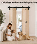 Heavy Duty 80 Inch Double Bifold Barn Door Hardware Kit With Super Slick Spring Steel Tracks And Smooth Glide Rollers For Rustic Spruce Wood Closet Doors, featuring a cozy living space.