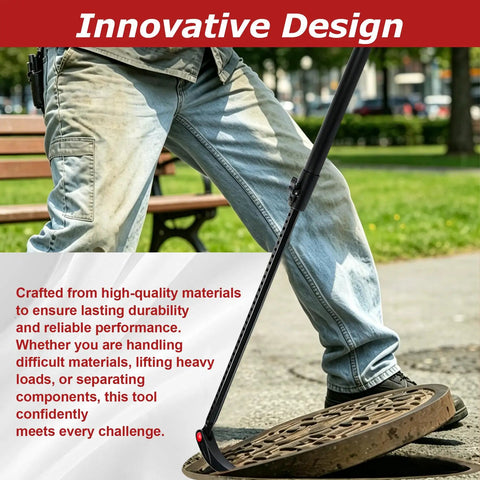 Built Different Heavy Duty 29 To 48 Inch Adjustable Pry Bar With 14 Position 180 Degree Rotating Head Extendable Telescoping Crowbar For Mechanics And Tough Jobs in use, showing the lever action on a manhole cover.