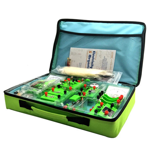 Hands-On Basic Electricity And Magnetism Discovery Kit for high school students, open green case with circuit components and manuals.