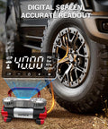 6X Faster Inflation Digital Dual Cylinder Portable Air Compressor 12V Metal Tire Inflator next to truck tire with digital display