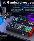 All In One Podcast Kit With 3 Point 5mm BM800 Condenser Microphone For PC And Phone Live Streaming Singing Gaming And DJ Sets Audio Mixer With Voice Changer Denoise And Real Time Live Sound Board displayed on desk.