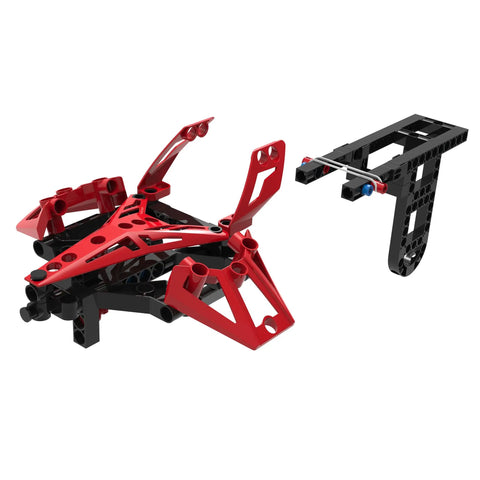 Geared-Up Gadgets 5-In-1 Engineering Kit For Makers: Aircraft Launcher model with red and black components displayed.