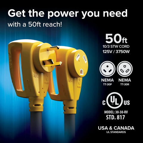 Heavy Duty 50 Foot 30 Amp RV Extension Cord With Standard Connectors Ultra Flexible Power Cable For Campers Electric Vehicles And Trailers Road Trip Ready Slick Build plugs and specifications.