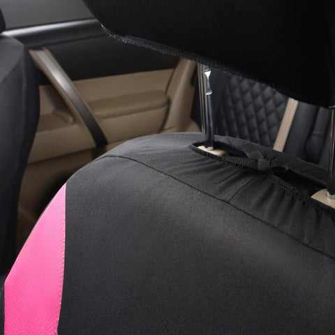 Universal Car Seat Covers Full Set For Front Seats And Rear Bench With Mesh Splicing Polyester Fabric Black With Pink Accent