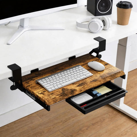 Under Desk Keyboard Tray 19.7 X 12.2 Inches With C Clamp, Sliding Keyboard Drawer For Small Desks, space saver in wood finish
