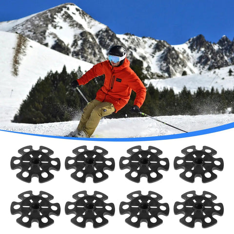 Skier in mountains with 8 Pack Snow Baskets For Trekking Poles 3.35 Inch Diameter Replacement Ski Pole Baskets below