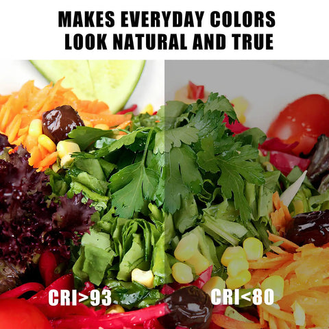 Comparison of vegetable colors under CRI93 and CRI80, highlighting natural color rendering with White COB LED Strip Light Max With RF Remote 16.4ft 6500K CRI93+ Dimmable Ultra Bright Daylight White COB Light Strip For Mirror Kitchen Room Cabinet Closet Indoor Lighting.