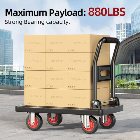 Upgraded Foldable Push Cart Dolly With 660 Lb Capacity Heavy Duty Moving Platform Hand Truck For Easy Haul, Space Saving Collapsible Utility Cart That Stows Flat In Tight Spaces And Handles Heavy Loads. Foldable platform cart loaded with boxes and red wheels.
