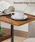 C Shaped End Table With Charging Station For Sofa And Living Room, showcasing rustic brown top with rounded edges and a cup