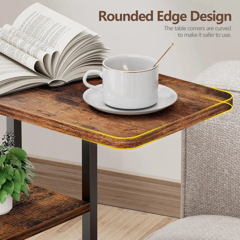 C Shaped End Table With Charging Station For Sofa And Living Room, showcasing rustic brown top with rounded edges and a cup