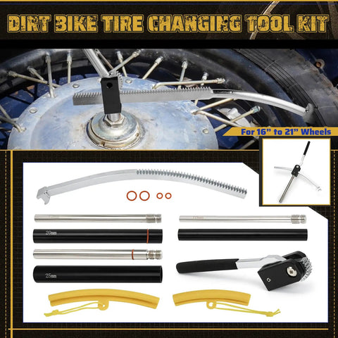 Portable Must Have Dirt Bike Tire Changing Tool Kit Fits 16 To 21 Inch Wheels with various tools and components displayed