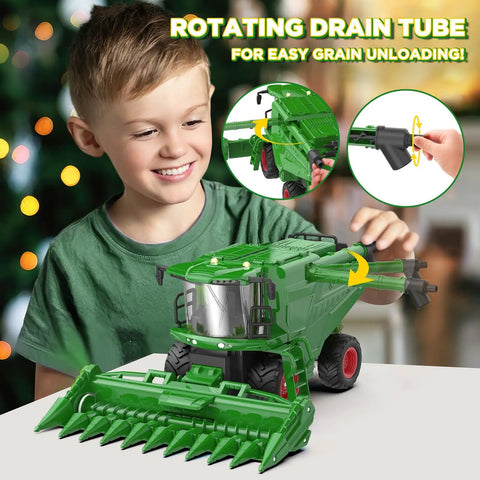 Child playing with Remote Control Combine Harvester Tractor Toy With Moving Corn Head RC Farm Tractor For Kids 3 Plus