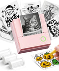 Pink PM290C Portable Mini Sticker Printer Inkless Bluetooth Maker with Three Rolls of White Thermal Sticker Paper and prints