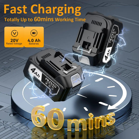 Cordless Leaf Blower With 2 4.0Ah Batteries And Fast Charger, highlighting dual 20V 4.0Ah batteries on clock background, fast charging