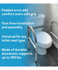 Adjustable Detachable Toilet Safety Rails With Non Slip Grab Bar And Padded Handles, Aluminum Frame next to toilet