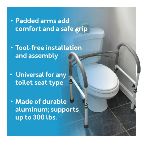 Adjustable Detachable Toilet Safety Rails With Non Slip Grab Bar And Padded Handles, Aluminum Frame next to toilet