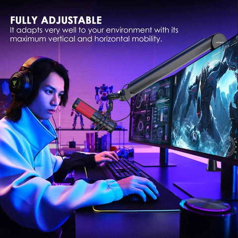 Premium Microphone Boom Arm With Desk Mount, 360 Rotatable And Fully Adjustable, shown in gaming setup with dual monitors