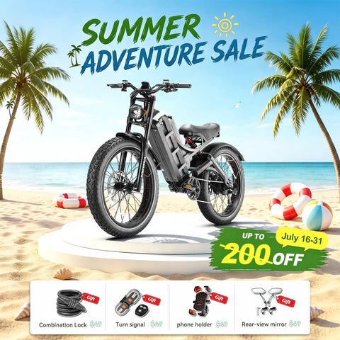 Built Different 3000W Electric Bike Rolling At 42 MPH With 100 To 200 Mile Range Powered By 60V 70Ah Battery Featuring 26 Inch Fat Tires And Full Suspension For Adult Riders on a beach display.