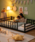 Toddler Floor Bed With Guardrails And Door Kid Friendly Twin Size Montessori Bed For Two To Five Year Olds Low Profile Metal Platform No Box Spring Needed Heavy Duty Guardrails Black For Safe Independent Sleep