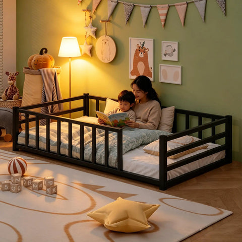 Toddler Floor Bed With Guardrails And Door Kid Friendly Twin Size Montessori Bed For Two To Five Year Olds Low Profile Metal Platform No Box Spring Needed Heavy Duty Guardrails Black For Safe Independent Sleep