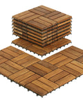 Teak Wood Interlocking Floor Tiles EZ Floor 12x12 Inch Pack Of 10 Solid Brown Indoor Outdoor DIY Installation shown stacked and laid out