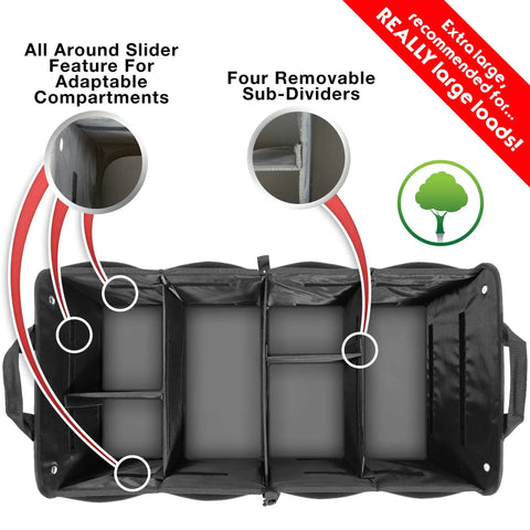 XL Beefed Up Trunk Organizer for SUV and Truck with six adjustable compartments and non-slip base, showcasing removable dividers