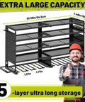 Heavy Duty Five Layer Power Tool Organizer Wall Mount With Eight Drill Holders And Cordless Tool Hanger Storage Rack For Workshop Garage Shed Pegboard Black Finish in front view showing dimensions and capacity.