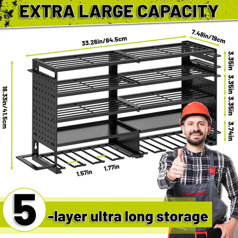 Heavy Duty Five Layer Power Tool Organizer Wall Mount With Eight Drill Holders And Cordless Tool Hanger Storage Rack For Workshop Garage Shed Pegboard Black Finish in front view showing dimensions and capacity.