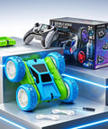 Epic 360 Degree Flip RC Car All Terrain 4WD Stunt Toy with USB C Charge, LED lights, modular battery, packaging and remote control shown