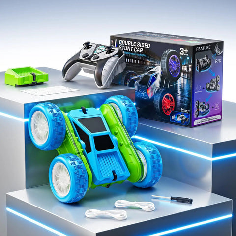 Epic 360 Degree Flip RC Car All Terrain 4WD Stunt Toy with USB C Charge, LED lights, modular battery, packaging and remote control shown