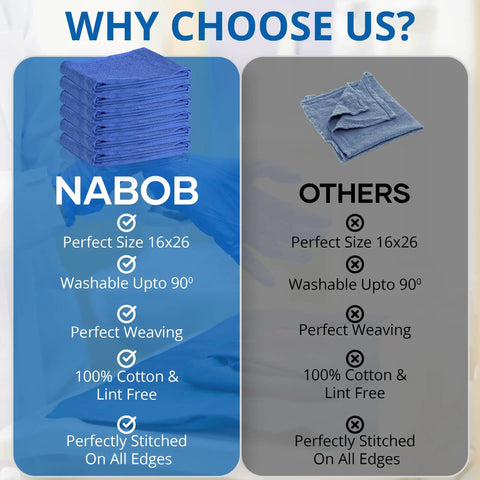 Comparison between Nabob and other blue huck towels highlighting Nabob's superior features like perfect size and cotton material.