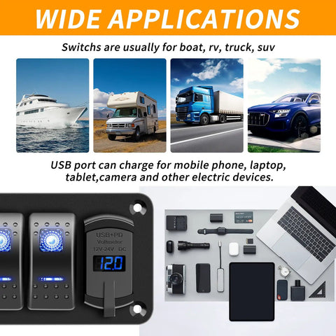 4 Gang IP68 Waterproof Rocker Switch Panel For Boats And RVs With DC 12-24V LED Digital Voltmeter And Dual USB QC 3.0 Type C Fast Charging Prewired Toggle Panel For Cars Marine Trucks Blue in boat, RV, truck and car use