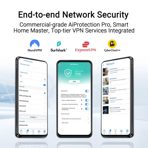 Image of three smartphones with VPN service logos for "Beast Speed WiFi 7 Router With Dual Band And Dual WAN Up To 3600 Mbps Mesh Ready"