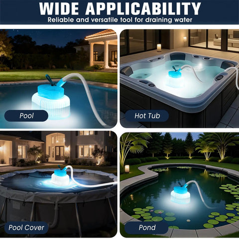 Upgraded Pool Cover Pump For Above Ground Pools With LED Lights Submersible Water Removal Pump For Pool Draining 850 GPH in use