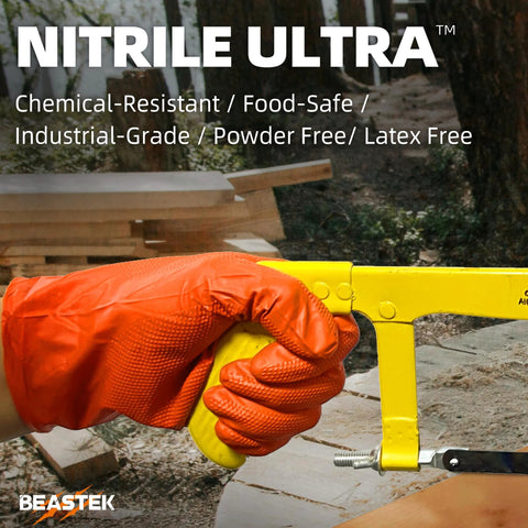 Beastek orange nitrile disposable glove, 8 mil, powder-free, latex-free, heavy-duty.
