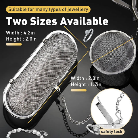 Heavy Duty Stainless Steel Cleaning Basket Two Pack Perfect For Ultrasonic Cleaner Small Parts And Jewelry, showing two sizes and safety lock.
