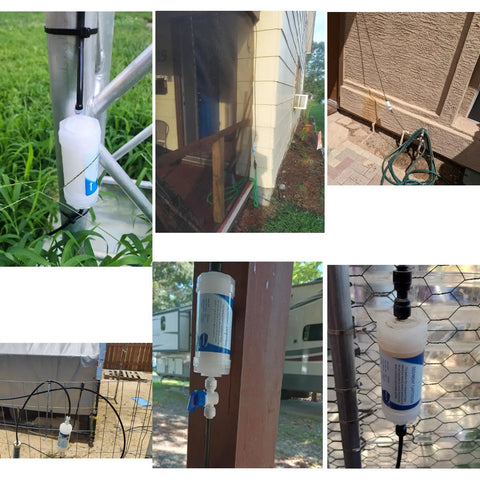 Outdoor Misting System Filter 10 Micron Sediment Strainer 2 Pack installed on various irrigation setups to prevent clogs.