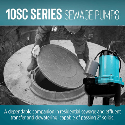 Heavy Duty Half Horsepower Submersible Sewage Effluent Pump Featuring Straight Up Automatic Float Switch And Rock Solid Epoxy Coated Cast Iron Body near a sewage access point.