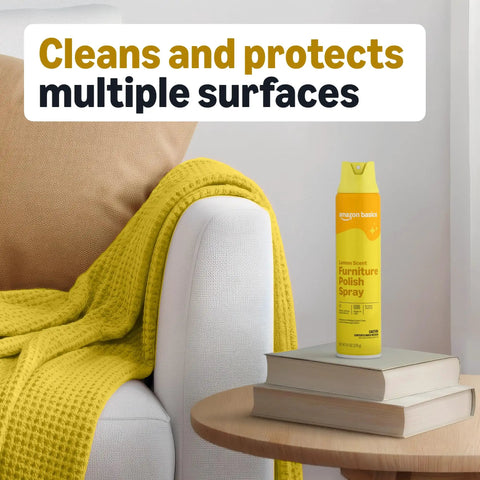 Straight Up Fresh Lemon Furniture Polish Spray That Cuts Through Grime Cleans Hard And Shields Sealed Wood Leather Granite For A Slick Superb Finish With Zero Waxy Buildup In Every Bottle on a table with books and a cozy blanket.