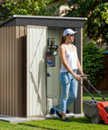 Woman using lawn mower beside Lockable Outdoor Storage Shed 5x3 Feet Beefy Metal Garden Shed With Anti Corrosion Steel Construction All Weather Durable Locking Door For Backyard Patio Brown