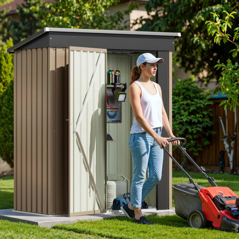 Woman using lawn mower beside Lockable Outdoor Storage Shed 5x3 Feet Beefy Metal Garden Shed With Anti Corrosion Steel Construction All Weather Durable Locking Door For Backyard Patio Brown