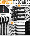 Beefed Up Heavy Duty Ratchet Tie Down Straps Set, 4 Pack 10 Ft By 1.5 In With 5208 Lb Break Strength, includes soft loops, cam buckles, safety S hooks, carry bag for motorcycles