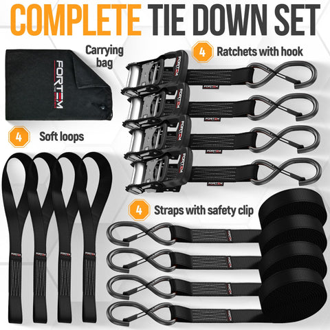 Beefed Up Heavy Duty Ratchet Tie Down Straps Set, 4 Pack 10 Ft By 1.5 In With 5208 Lb Break Strength, includes soft loops, cam buckles, safety S hooks, carry bag for motorcycles