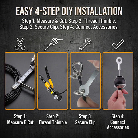 Heavy Duty 32.8 Ft Cable Replacement Kit With 6mm PU Coated Steel Wire Rope And 17 Accessory Bits installation steps.