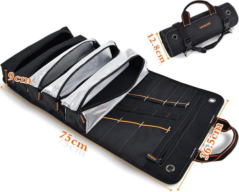 Roll Up Tool Organizer Bag For Mechanics, Electricians, And Bike Riders, 13 Pockets With 5 Large Zip Bags, 7 Wrench Pouches open view