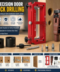 Heavy Duty Door Hinge Jig Kit Featuring Sturdy Aluminum Template For Quick Hinge Mortising And No Sweat Deadbolt Setup On Most Popular Household Doors, showing a red precision lock drilling guide with accessories.